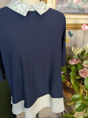 Faith and Joy Los Angeles Navy Top with Embellished White Collar.